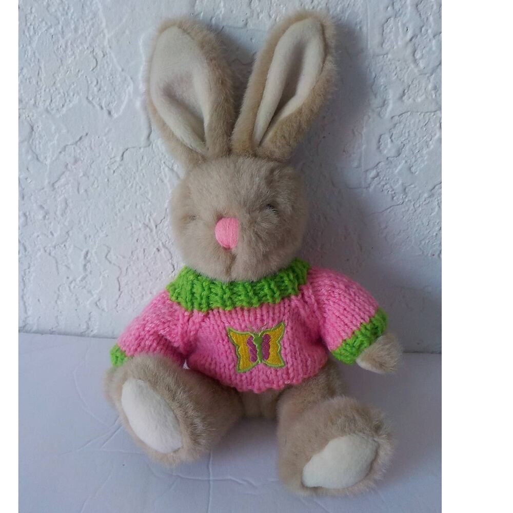 Vtg 1999 Beige Bunny with Pink Sweater Plush Toy Rabbit Stuffed 10" GAC Easter